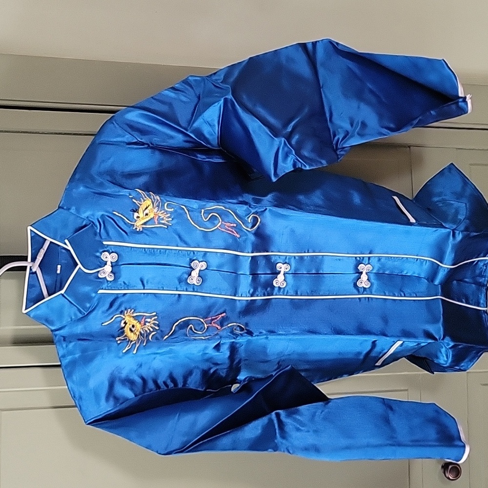 Authentic Korean War Era Blue Satin Pajama Set with Dragon Embroidery - Picture 2 of 2